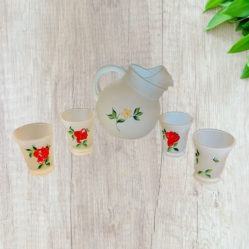 Vntg Hand Painted Strawberries Frosted Glass Juice Set 1950s Mid Century Modern